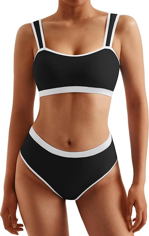 MOOSLOVER Women Sporty Color Block Bikini Sets Cheeky High Cut Two Piece Swimsuit | Amazon (US)