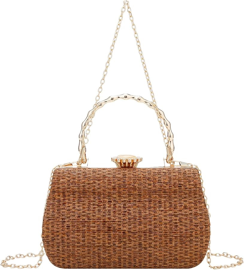 YYW Straw Beach Tote Bag Summer Women Handbags Vacation Shoulder Purse with Chain Woven Bag Gifts | Amazon (US)