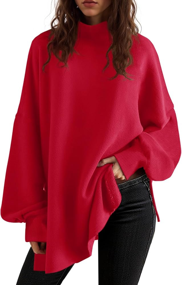 Saodimallsu Womens Turtleneck Oversized Sweaters Puff Sleeve Side Slit Casual Knit Tunic Pullover... | Amazon (US)