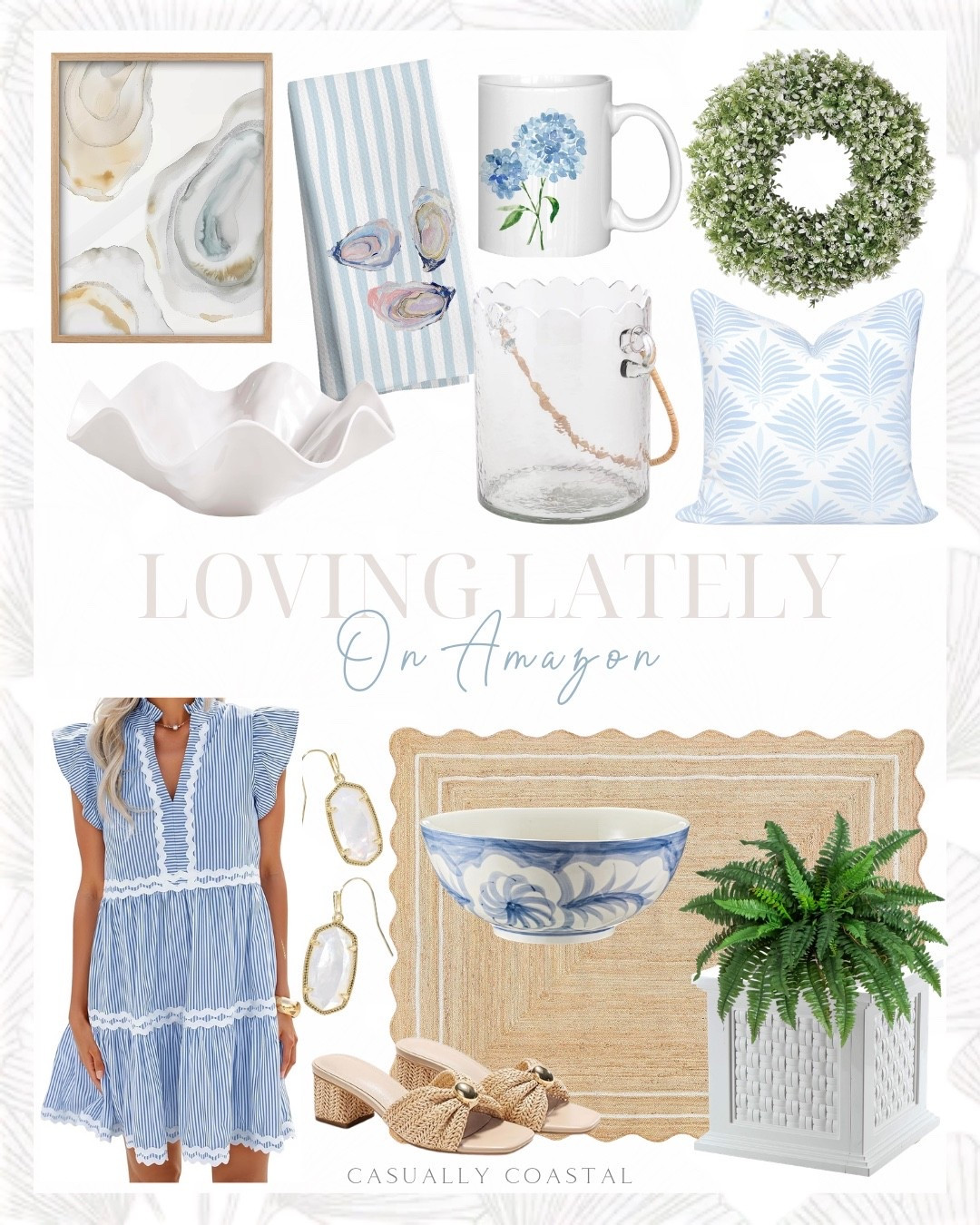 Loving Lately on Amazon 

Amazon home decor, coastal home, coastal style, Amazon rug, coastal rug, coastal wall art, Amazon artwork, Amazon wreath, spring wreath, coastal wreath, coastal dress, Amazon spring dress, Amazon earrings, Amazon mug, coastal mug, Amazon heels, coastal oyster framed wall art, oyster kitchen towels, coastal kitchen towels, mud pie glass scalloped glass ice bucket, mud pie ruffled melamine serving bowl, coastal bowl, 26” artificial boxwood wreath, front door wreath, rattan style planter box, white planter, artificial fern plant, hydrangea plant coffee mug, flutter short sleeve mini dress, striped dress, raffia sandals, wave scalloped jute rug, neutral rug, 5x8 rug, coastal pillow cover, Amazon pillow covers, 20x20 pillow cover, blue and white painted bowl, Kendra Scott earrings, drop earrings, white seashells 

#LTKSeasonal #LTKHome