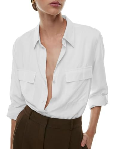 LuFeng Women's Casual Long Sleeve Button Down Shirts Work Office Collared Blouse Tops with Pockets White | Amazon (US)