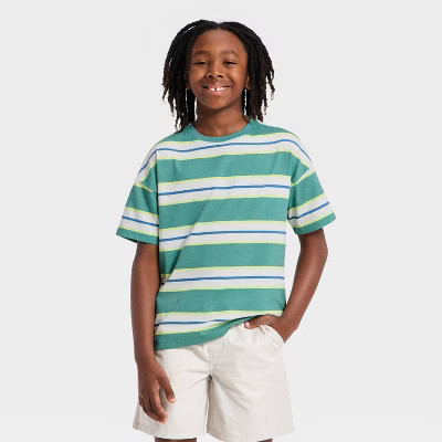 Boys' Short Sleeve Striped Oversized T-Shirt - Cat & Jack™ Teal Green L | Target