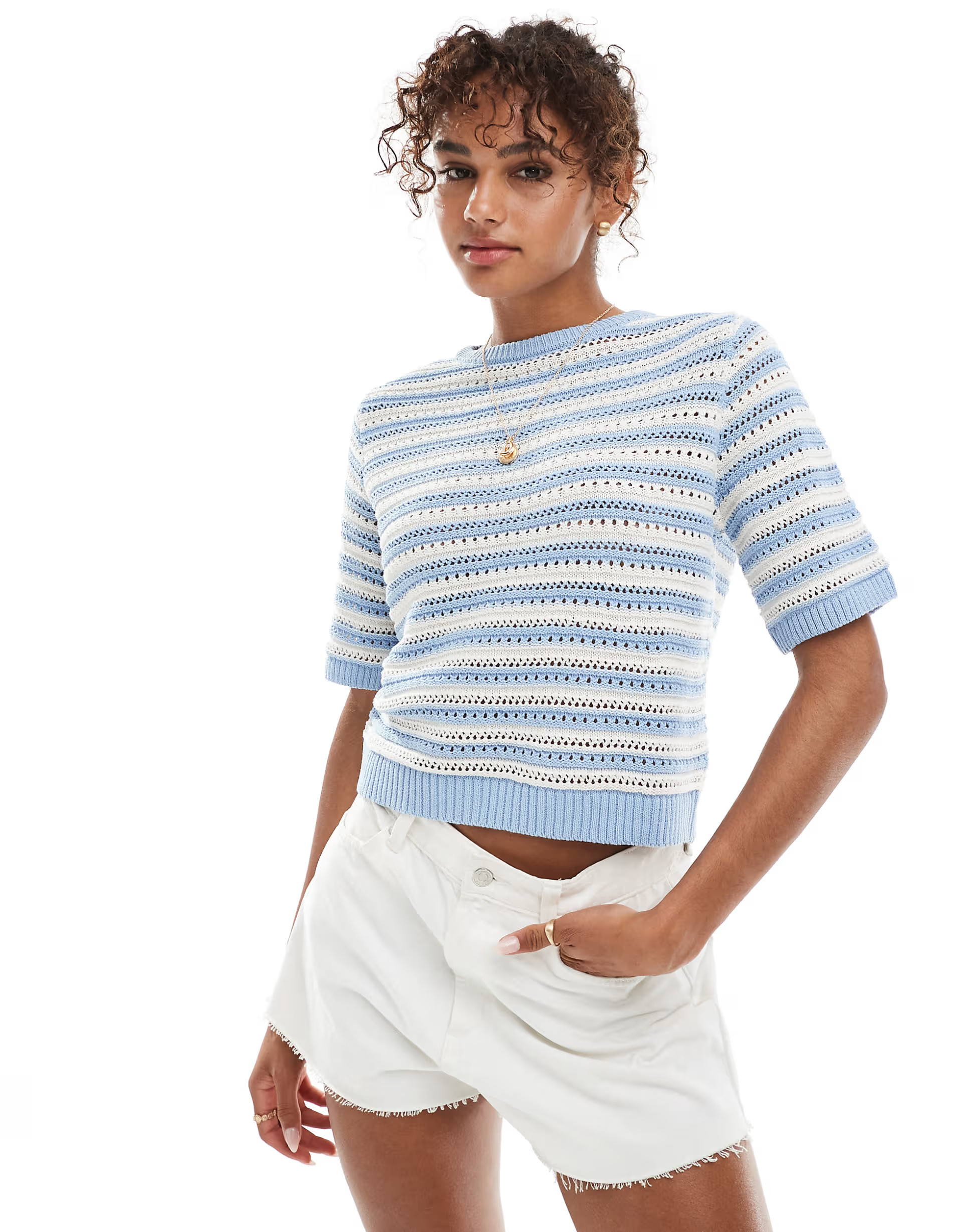 ASOS DESIGN knitted half sleeve top in blue stripe | ASOS (Global)