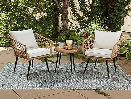 Quality Outdoor Living 65-YZ03HM Hermosa 3 Piece Chat Set, Aluminum Frame + Tan Wicker + Linen Cu... | Amazon (US)