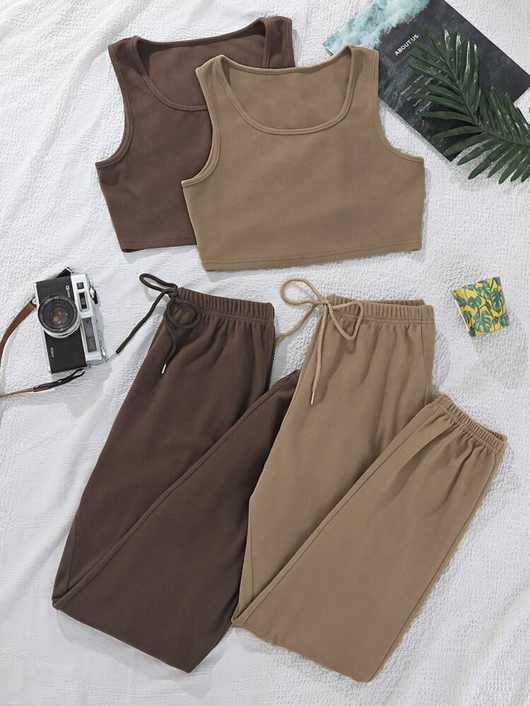 2sets Solid Crop Tank Top & Pants Lounge Set | SHEIN