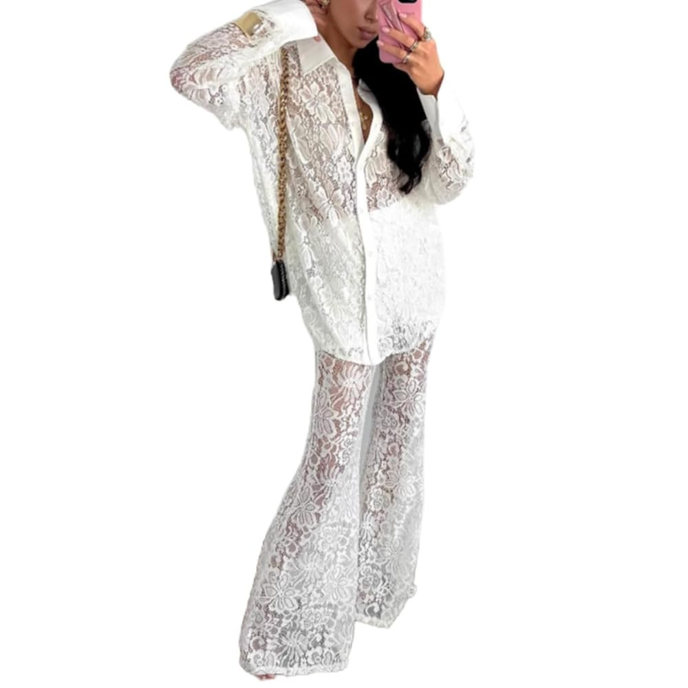 Womens Lace 2 Piece Outfit Long Sleeve Hollow Out Blouse Top See Through Wide leg Pants Casual Go... | Amazon (US)