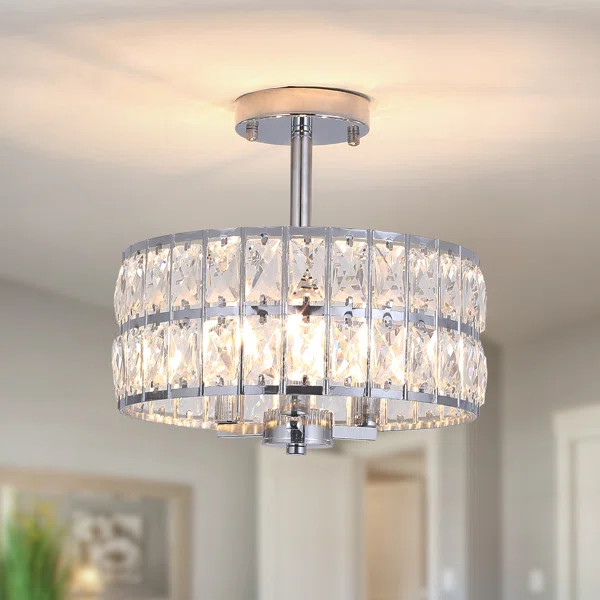 3-Light Crystal Ceiling Light Fixture Semi Flush Mount Chandelier with Drum Shade | Wayfair North America