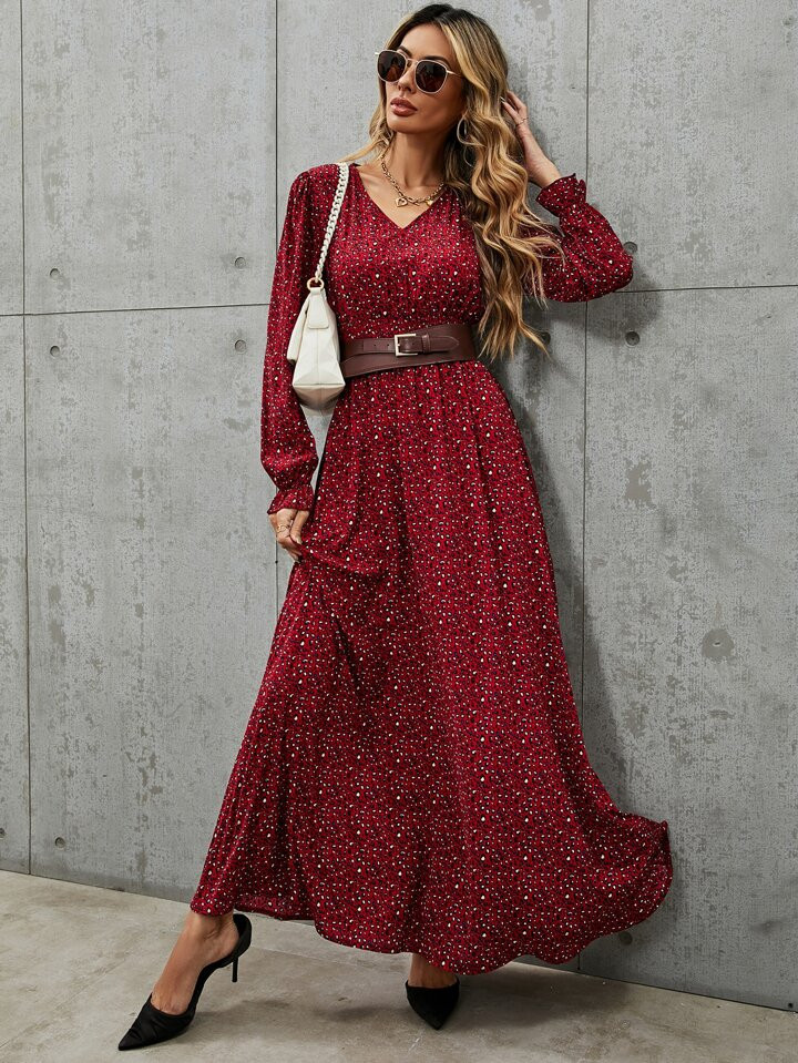 SHEIN Clasi Leopard Print Flounce Sleeve Dress Without Belt | SHEIN