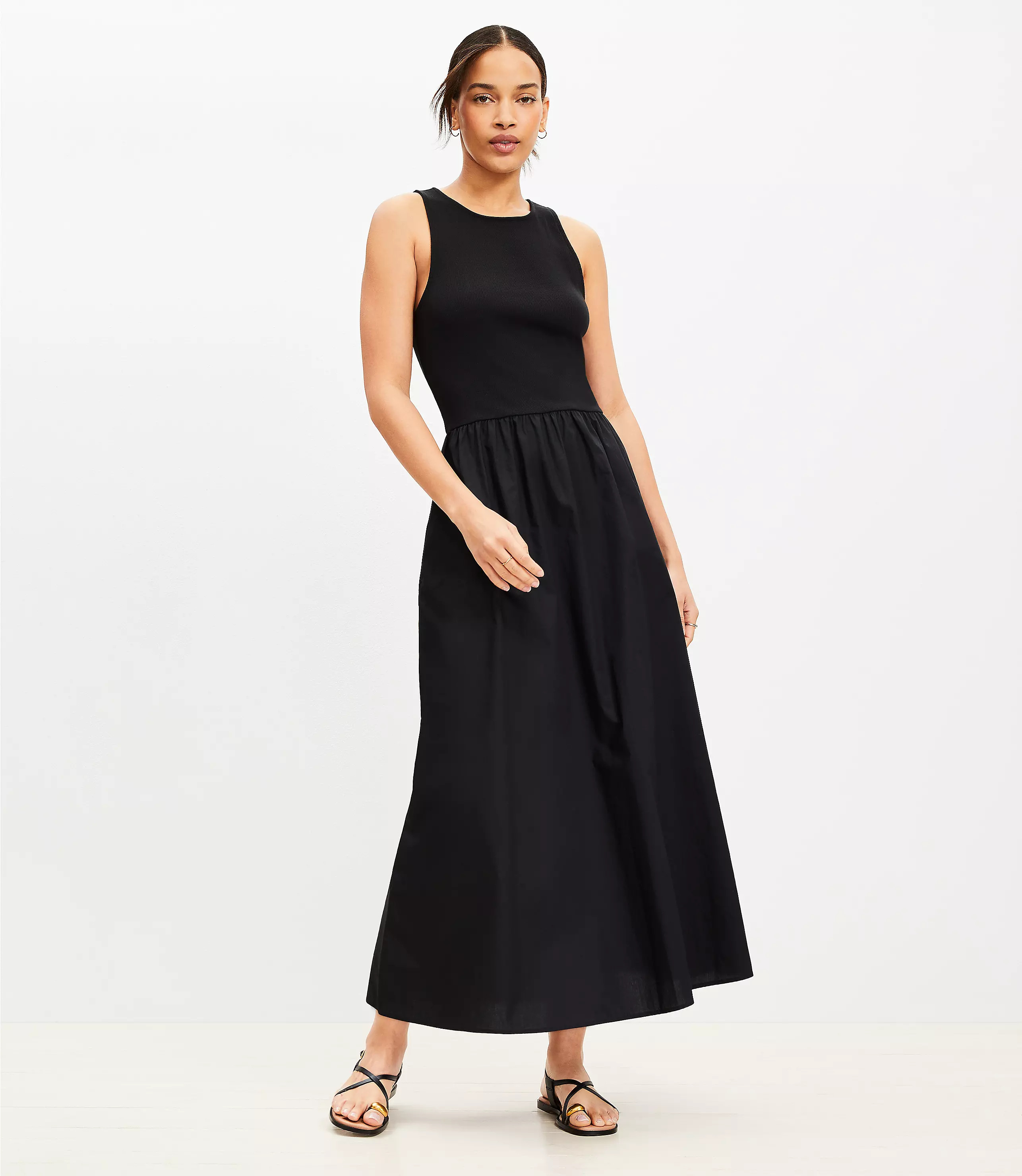 Poplin Mixed Media Midi Pocket Dress | LOFT