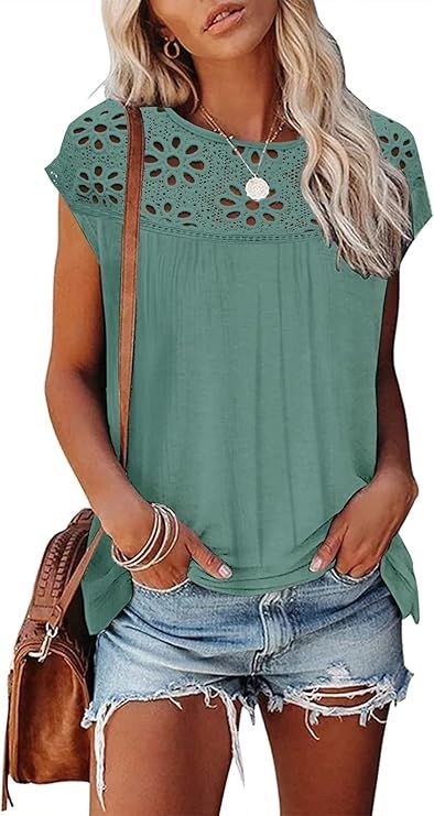 Womens Chic Hollow Summer Tops Cap Sleeve Tank Top Loose Fit T-Shirt | Amazon (US)