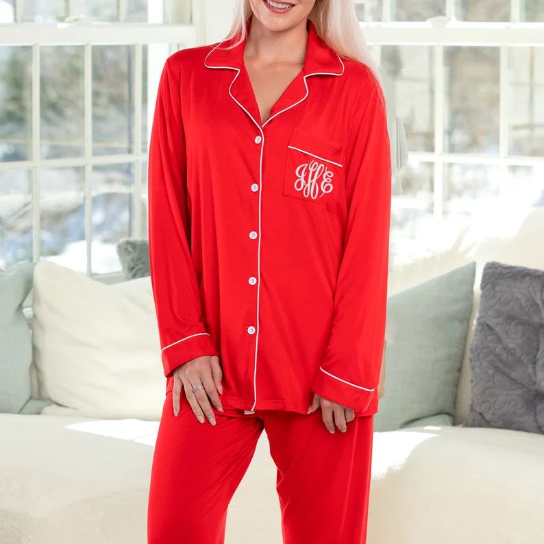 Personalized Christmas Pajamas for Women, Monogrammed Red PJs, Personalized Xmas Pajama Set | Etsy (US)