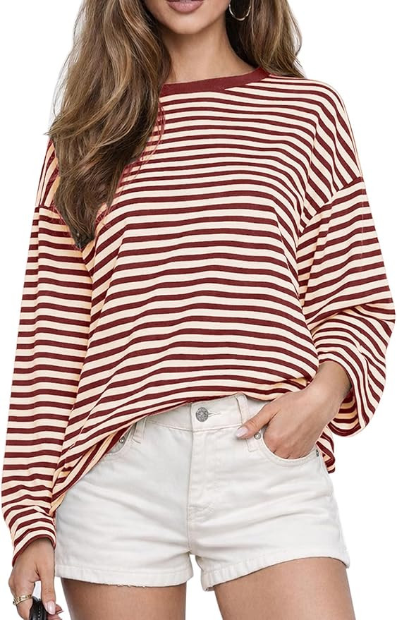 CHYRII Women Oversized Striped Long Sleeve T Shirt Fashion 2026 Crewneck Casual Fall Spring Tops ... | Amazon (US)