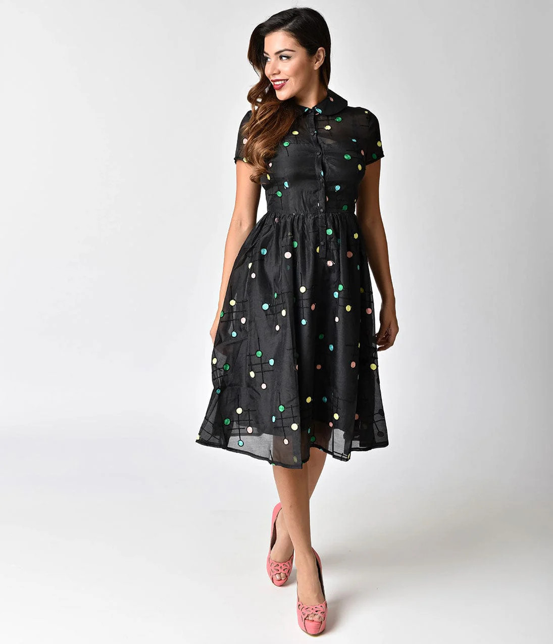 Voodoo Vixen 1950S Black Multicolor Dot Sallie Shirtdress | UniqueVintage