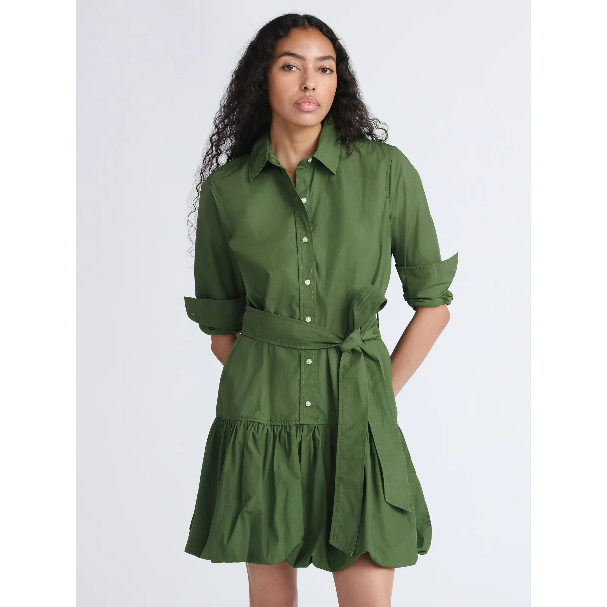 Free Assembly Women's Belted Bubble Hem Cotton Mini Dress with Long Sleeves, Sizes XS-XXL | Walmart (US)