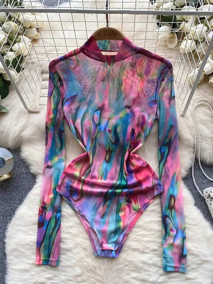 SHEIN Essnce Mesh Tie Dye Printed Bodycon Bodysuit | SHEIN