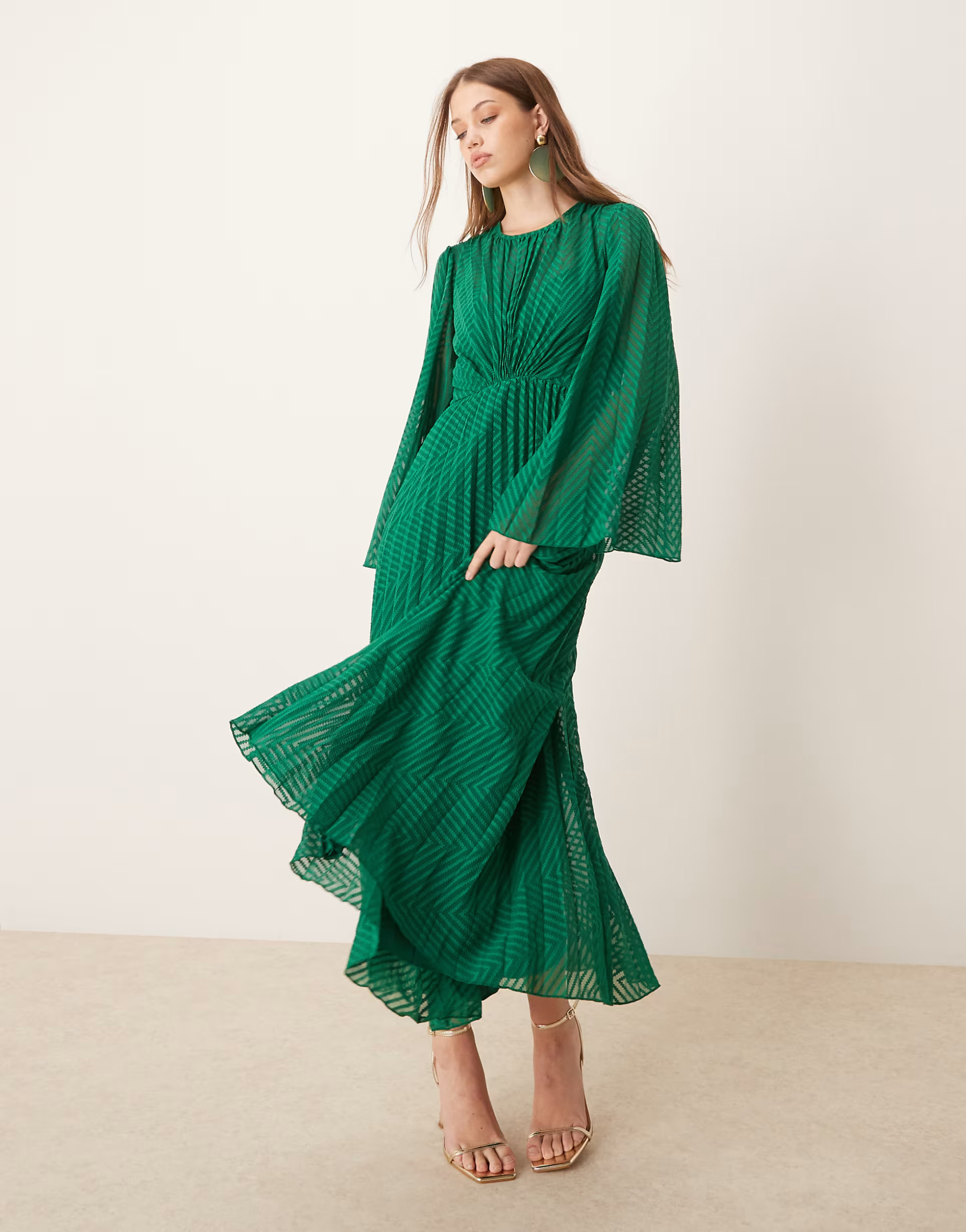ASOS DESIGN tie back fluted sleeve pleated chevron chiffon midi dress in green | ASOS | ASOS (Global)