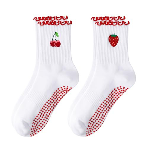 FIYIGO Pilates Grip Socks for Women Strawberry Lemon Bow Yoga Non Slip Crew Socks for Fitness, Ballet, Dance Workout -1 Strawberry, 1 Cherry | Amazon (US)
