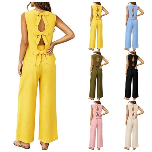 Wabkderpu 2 Piece Sets for Women Dressy Linen Matching Set Vacation Travel Lounge Outfits Back Tie Bow Top and Wide Leg Pants | Amazon (US)