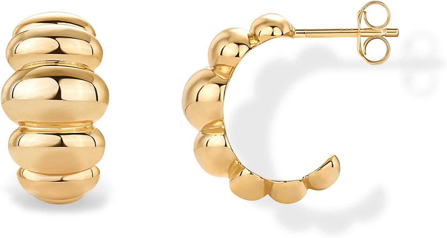 PAVOI 14K Gold Plated Bold Statement Hoop Earrings for Women - Trendy Boho Ribbed Croissant Scall... | Amazon (US)
