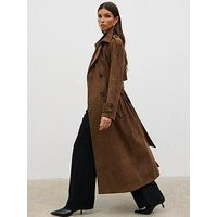 Pretty Lavish Agnes Long Line Faux Suede Trench Coat - Brown | Very (UK)