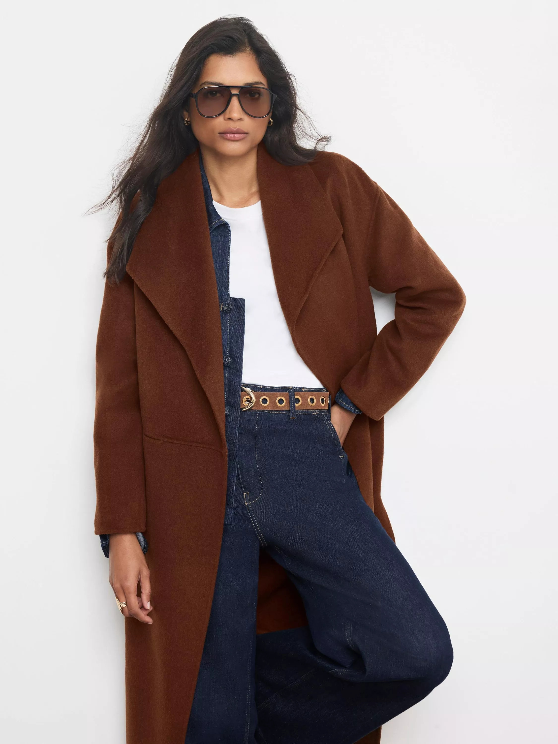 Mint Velvet Wool Blend Waterfall Hand Finished Coat, Brown | John Lewis (UK)