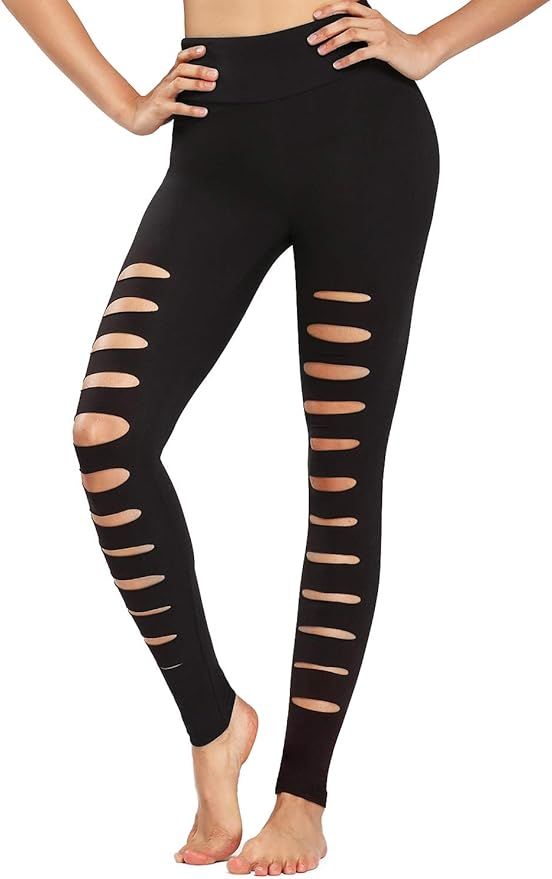 DIBAOLONG Womens Ripped Yoga Pants High Waist Cutout Workout Running Leggings with Holes | Amazon (US)