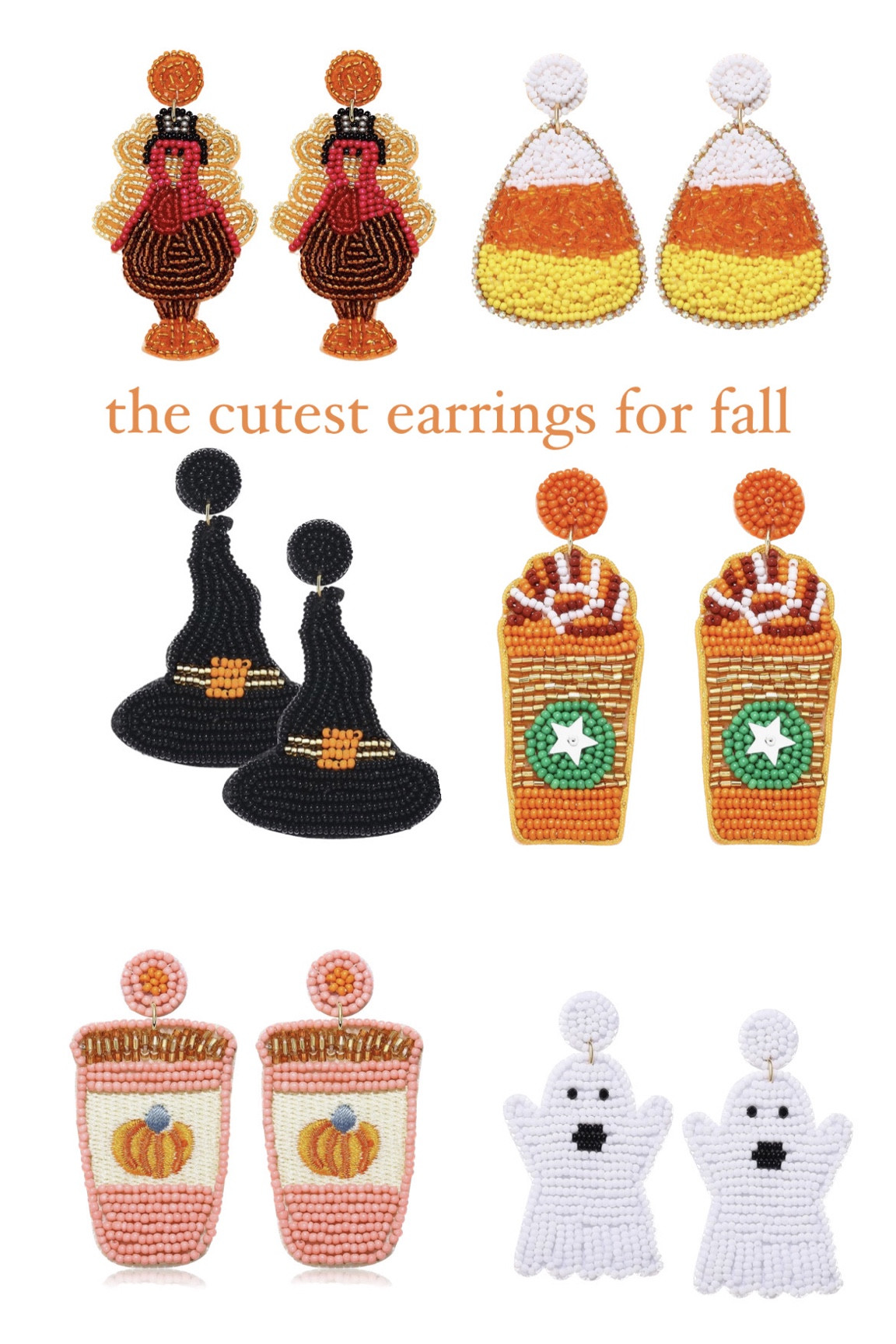 Fall beaded earrings. Turkey thanksgiving earrings. Candy corn earrings. Halloween earrings. Ghost boo earrings. Starbucks earrings. Pumpkin spice latte earrings. 

#LTKfindsunder50 #LTKSeasonal #LTKHoliday