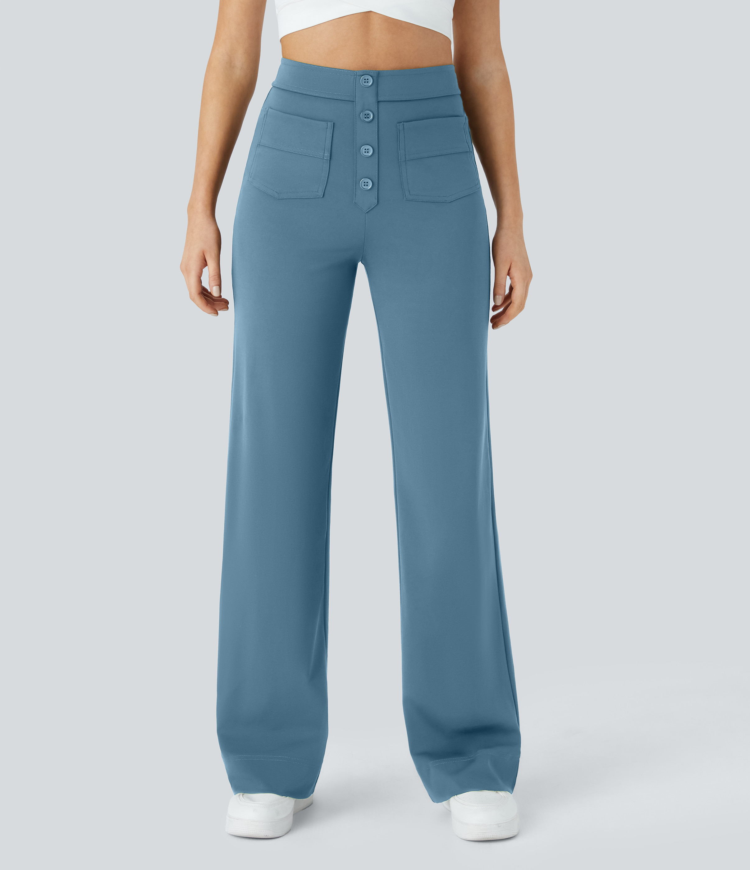Halara High Waisted Button Multiple Pockets Straight Leg Casual Pants - Warm Mid Blue - XS(regular) sweatpants jogger pants | HALARA