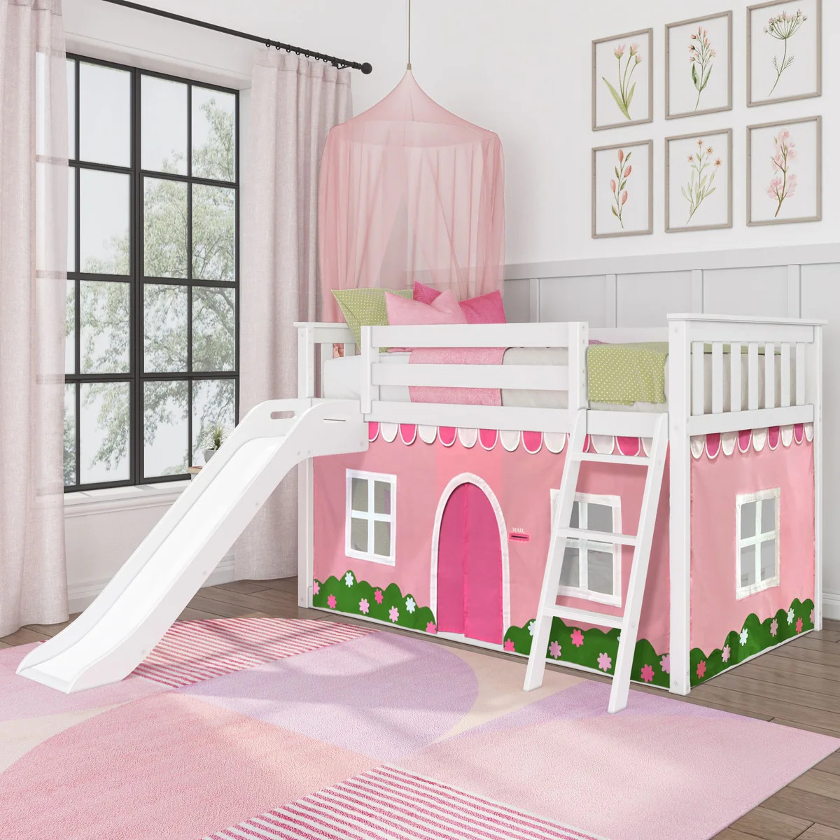 Twin Over Twin Low Bunk Bed with Easy Slide & Pink & White Farmhouse Curtain | max & lily