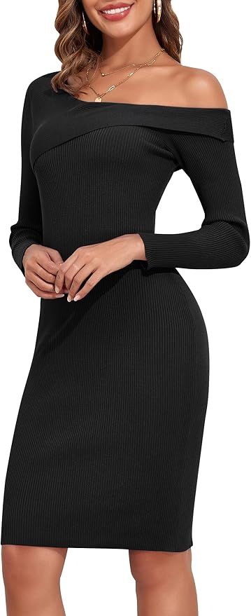 PrettyGuide Women's Ribbed Midi Sweater Dress Off Shoulder Bodycon Dress Long Sleeve Fitted Knit ... | Amazon (US)