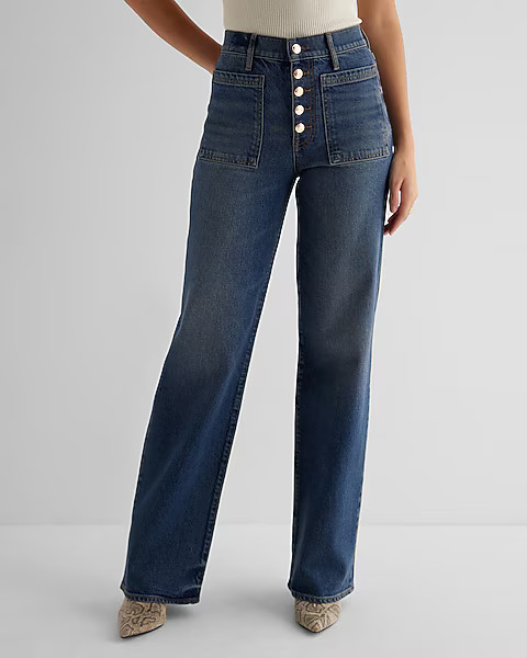 High Rise Medium Wash Novelty Button Wide Leg Jeans | Express