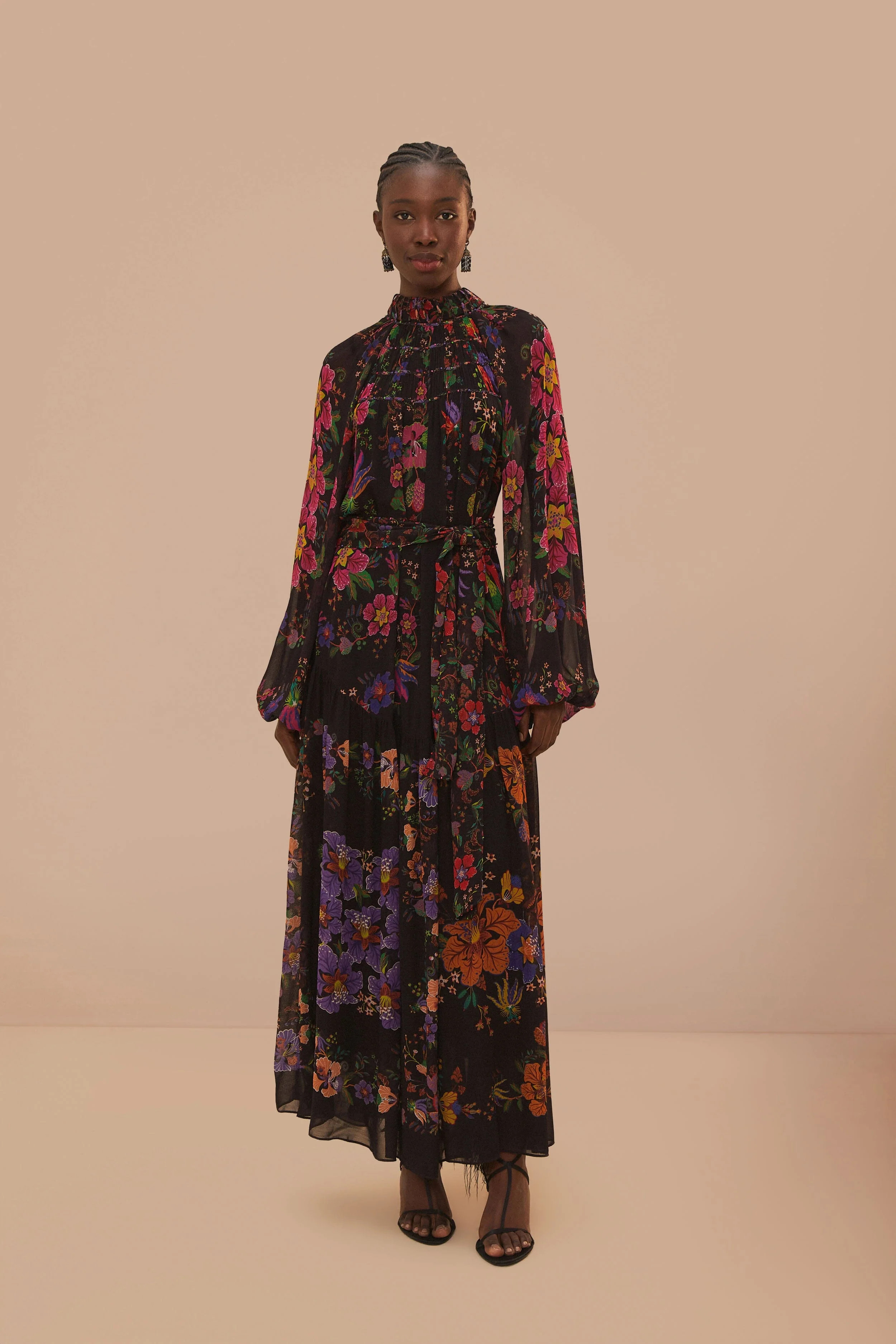 Black Floral Scarves High Neck Maxi Dress | FarmRio (US)
