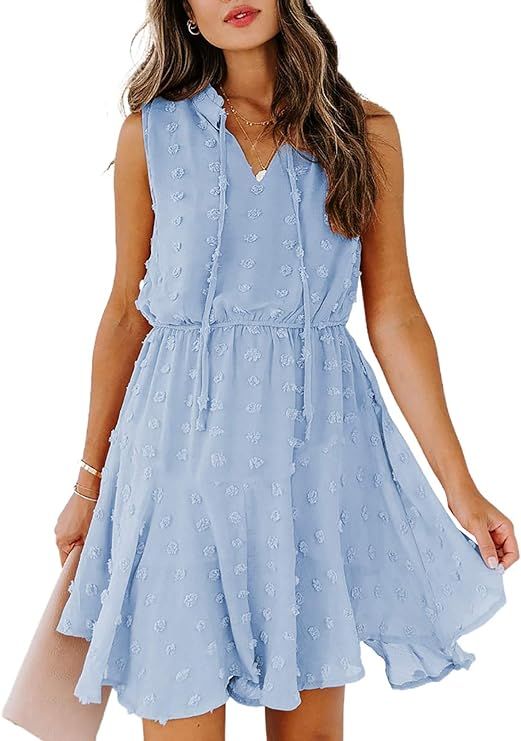 BLENCOT Women's Summer Sleeveless Collar V Neck Tie Mini Dresses Casual Loose Puff Swing Tunic Dr... | Amazon (US)