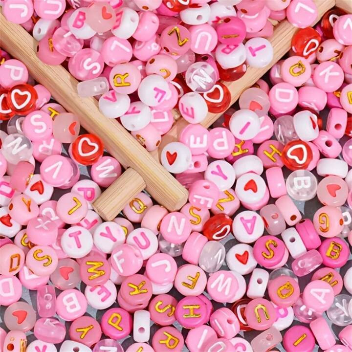 100pcs 4*7mm Flat Round Pink And Red Beads, Heart Shape Beads, Alphabet Beads Combo, For DIY Vale... | SHEIN