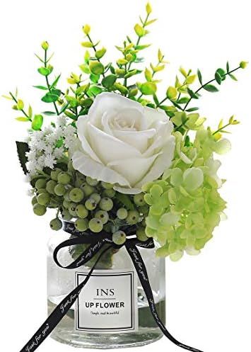 faux flowers in vase,artificial plants & flowers faux white rose bouquet flower Glass vase arrangeme | Amazon (UK)