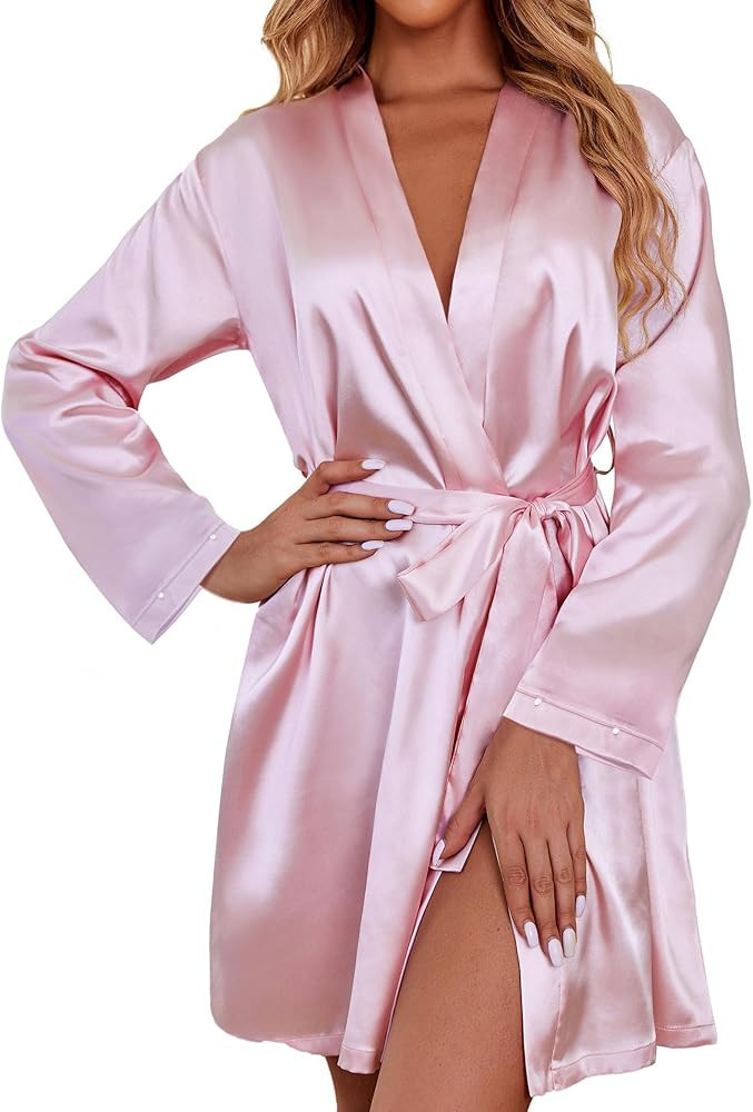 Ekouaer Women's Satin Robe Short Bridesmaid Bride Feather Bridal Robe Kimono Silky Long Sleeve Ba... | Amazon (US)