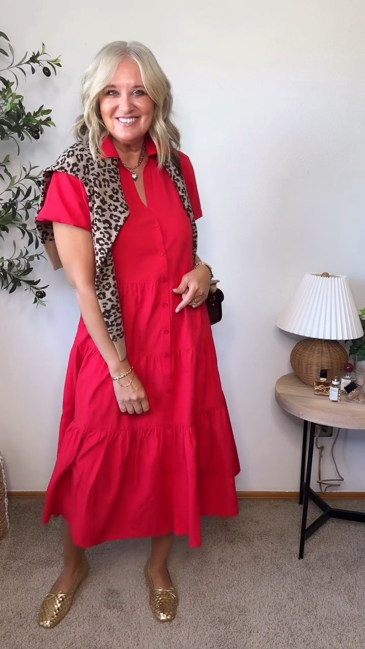 Day 4❤️10 Days of Fall Transitional Outfits🍁🍂 Comment SHOP for links! 

It’s definitely still warm across the country 🥵 so lighter weight dresses still feel amazing!  I LOVE this dress from @brochuwalker 🥰 the color is beautiful and the style is classic. 

To add a “Fall” feel I just added a Leopard sweater, a brown bag and gold flats.  Warming up the red with these pieces makes the look feel a little more Autumnal don’t you think?

#falltransitionoutfit #fallstyle #brochuwalker #falldresses #over50 #over40style