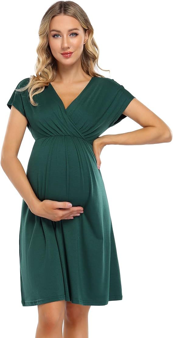 Maternity Dress Women's V-Neck A-Line Knee Length Wrap Dress Swing Dresses for Baby Shower or Cas... | Amazon (US)
