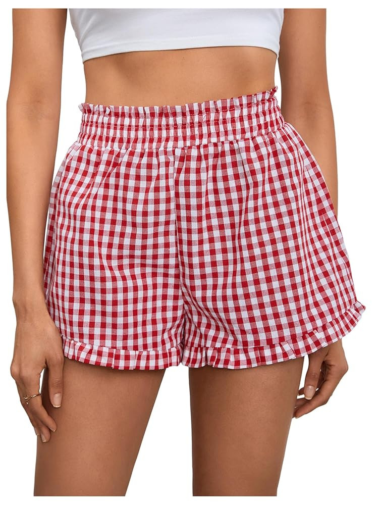 MakeMeChic Women's Gingham Ruffle Boxer Shorts Elastic High Waist Pajamas Lounge Shorts | Amazon (US)