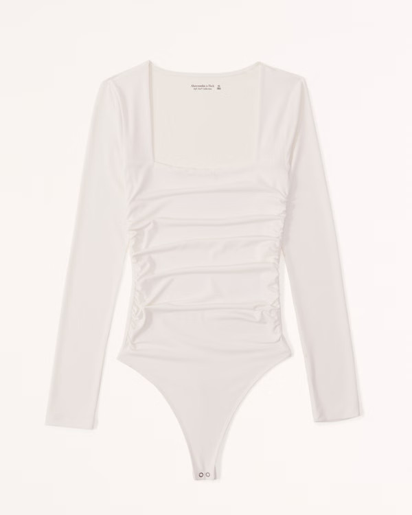 Women's Long-Sleeve Ruched Squareneck Bodysuit | Women's Tops | Abercrombie.com | Abercrombie & Fitch (US)