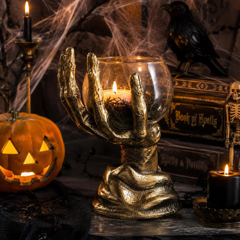 Brass Skeleton Hand with Glass Bowl | Gothic Halloween Decor | Spooky Candle Holder | Floral Bowl... | Etsy (Global)