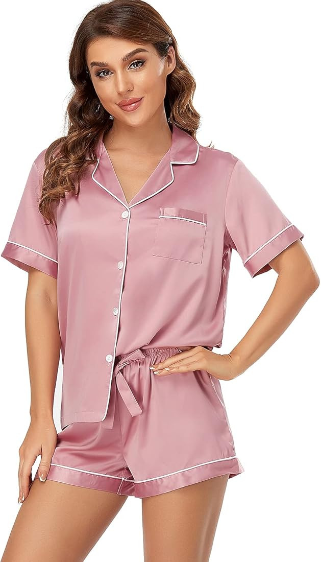 Serenedelicacy Women's Satin Pajama Set 2-Piece Sleepwear Loungewear Button Down Short Sleeve PJ ... | Amazon (US)