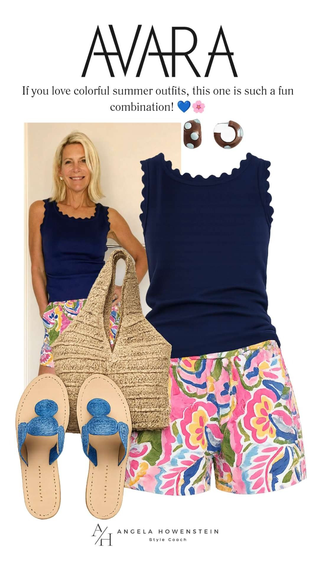 This is the kind of outfit that instantly puts me in a summer mood! The navy scalloped tank is such a flattering basic, and paired with these colorful floral shorts, it creates the perfect mix of classic and fun. Just add a woven tote and raffia sandals, and you're ready for vacation, brunch, or a sunny day out.

❤️ Heart = Support my posts
📌 Save = Get sale & restock alerts
🛍️ Follow me on LTK for more effortless everyday style. 

 #LTKootd #LTKSeasonal #LTKOver40