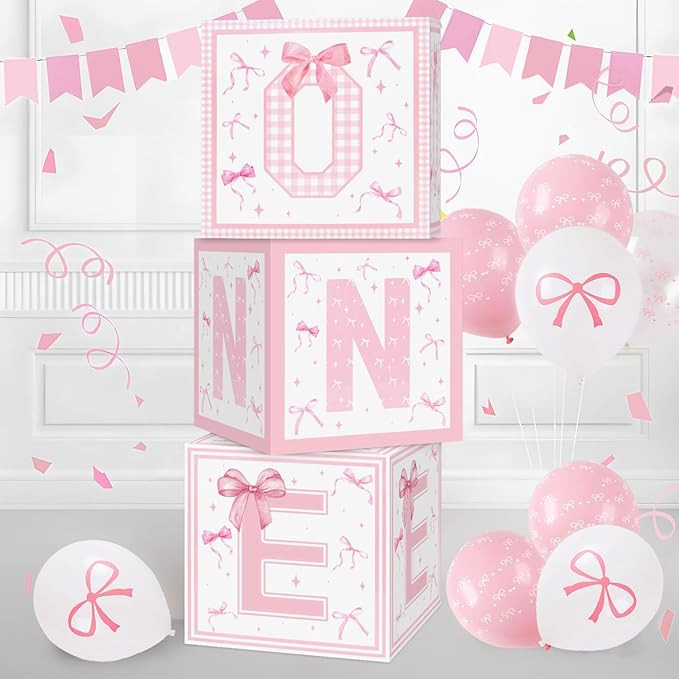 Pink Bow First Birthday Decorations,3Pcs Conqette One Balloon Boxes for Girl 1st Birthday Party D... | Amazon (US)