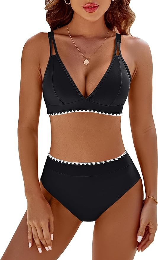 BMJL Women's Bikini Sets V Neck High Waisted Swimsuits Shell Stitched Cheeky Two Piece Bathing Su... | Amazon (US)