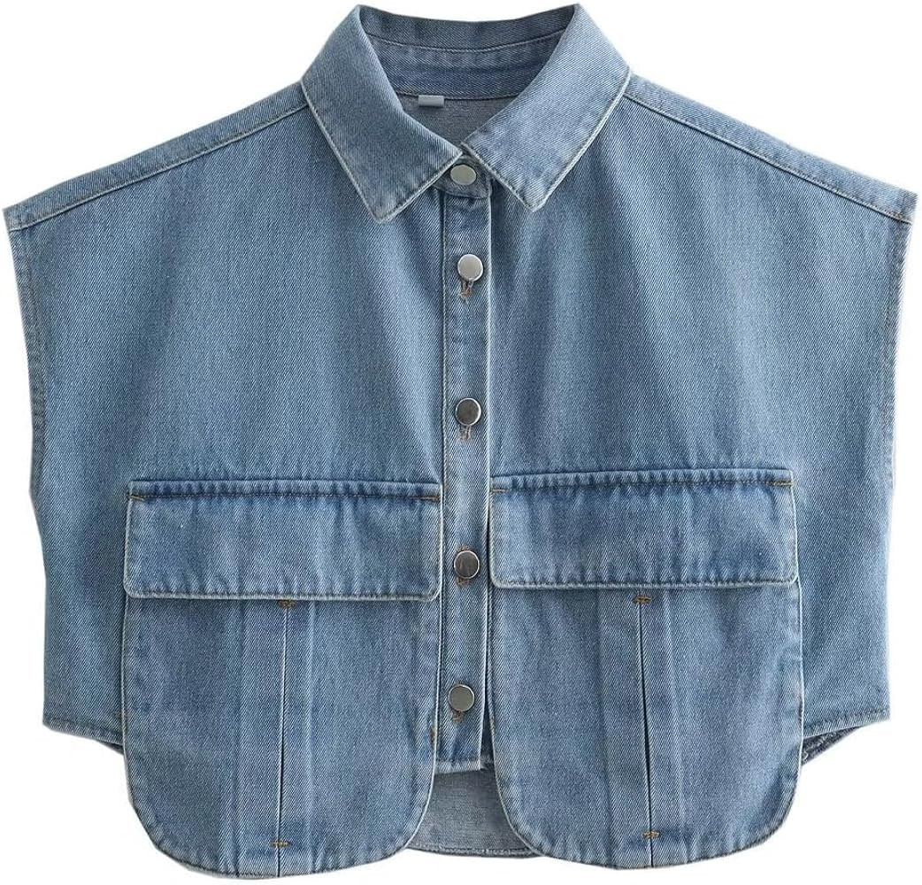 Perbai Womens Cropped Button Down Shirt Summer Collared Sleeveless Loose Denim Top with Pockets | Amazon (US)