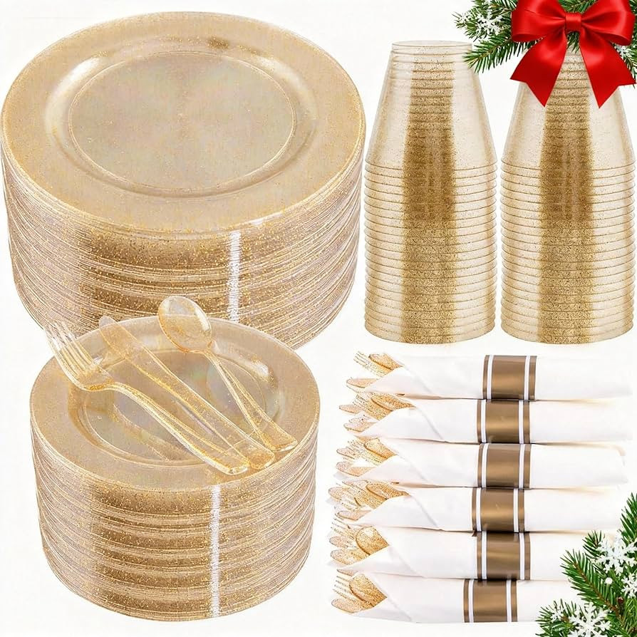 WELLIFE 210Pcs Gold Glitter Dinnerware Set, Gold Glitter Disposable Dinnerware for 30 Guests, Inc... | Amazon (US)