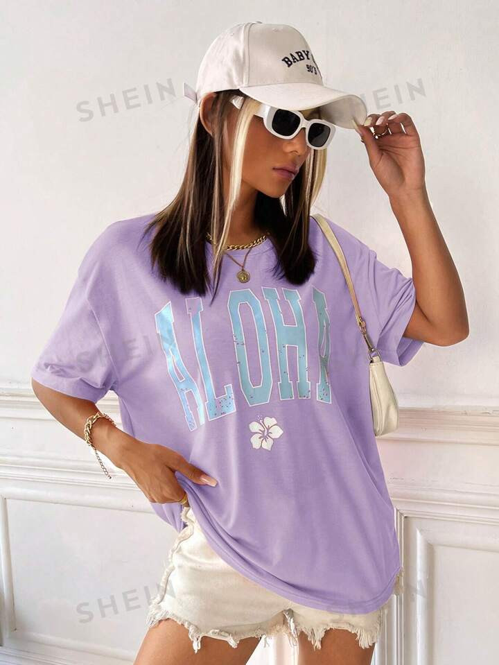 SHEIN EZwear Floral & Letter Graphic Drop Shoulder Tee | SHEIN