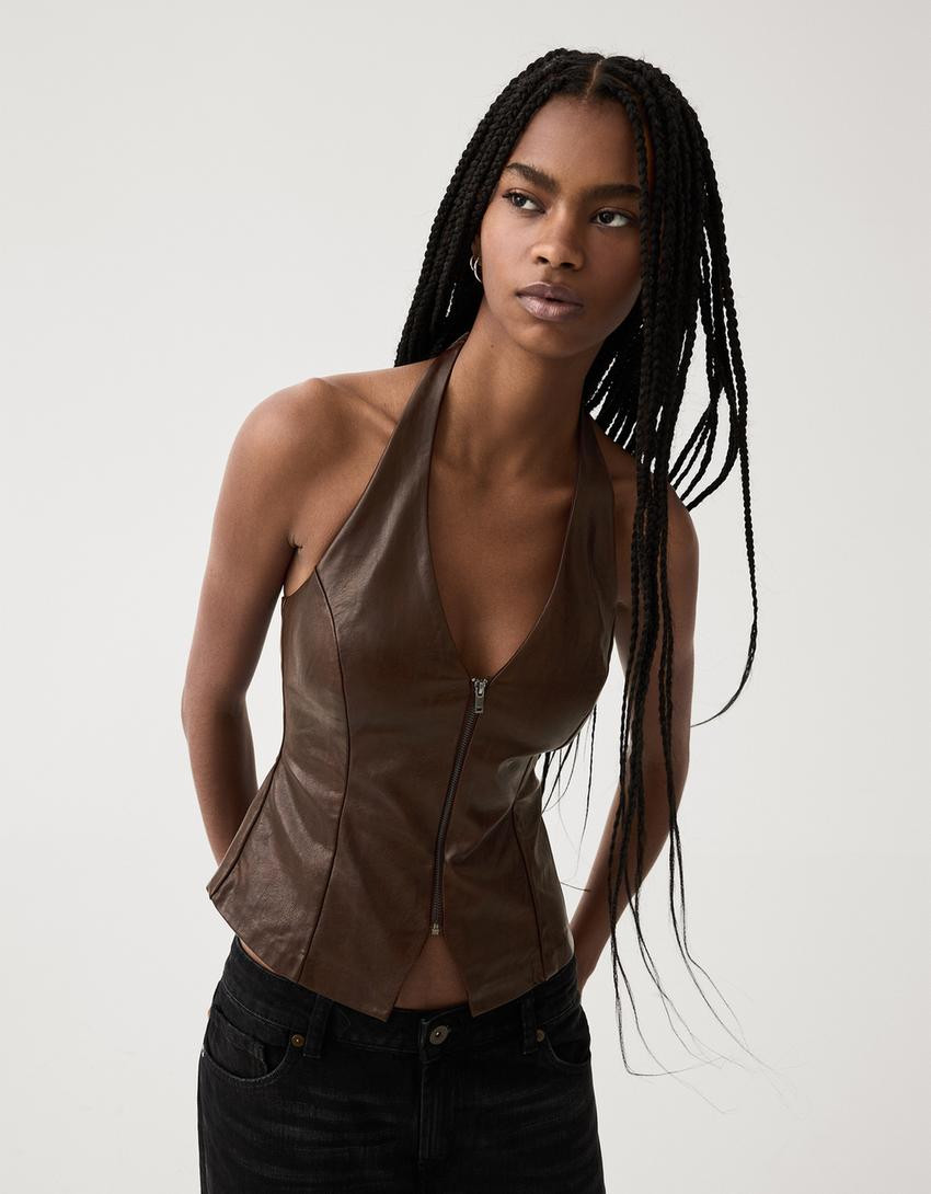 Leather effect halter top with zip - Tops and bodysuits - Women | Bershka GB