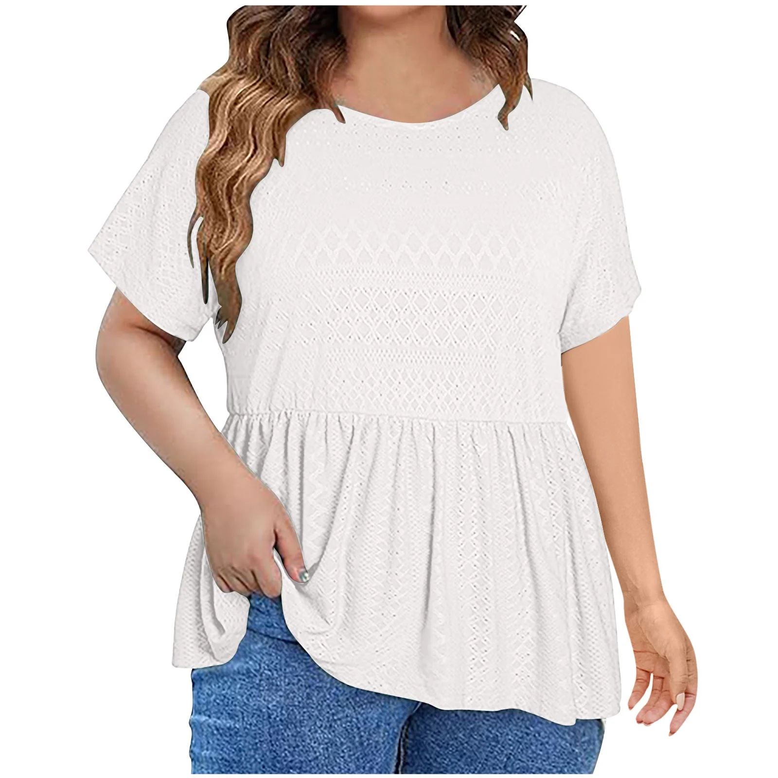 Plus Size Eyelet Tops for Women Cute Summer Babydoll Blouses Crew Neck Short Sleeve Pleated Loose... | Walmart (US)